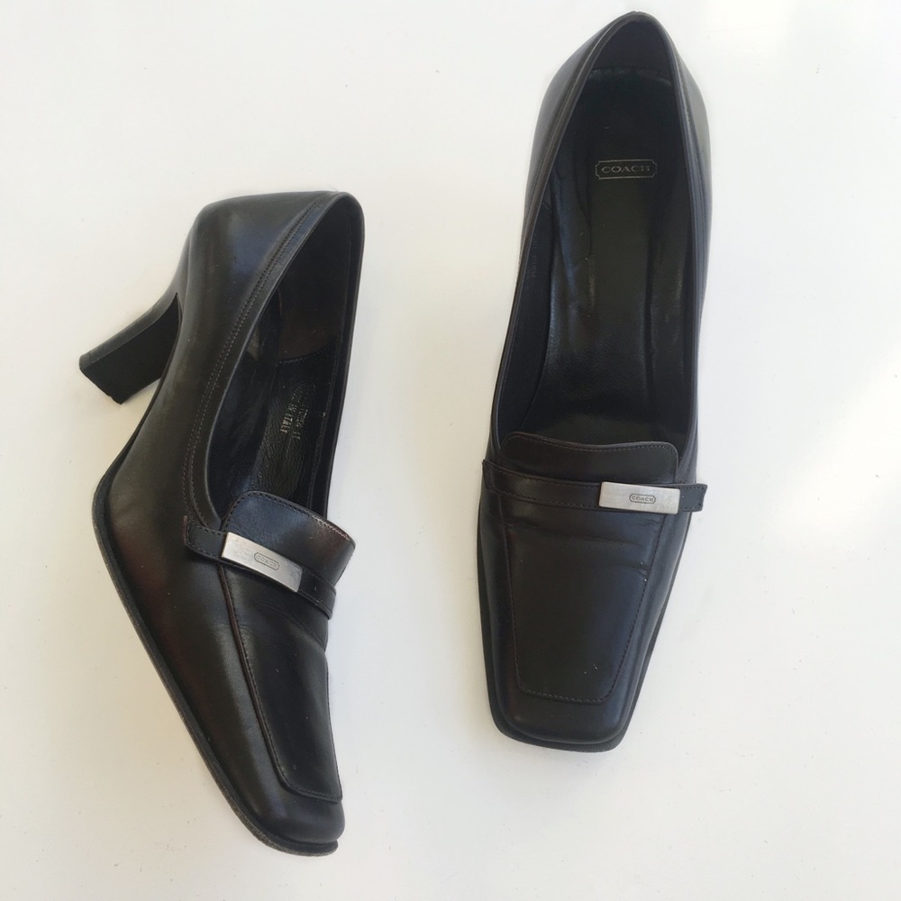 Coach Black Leather Square Toed Heels 6